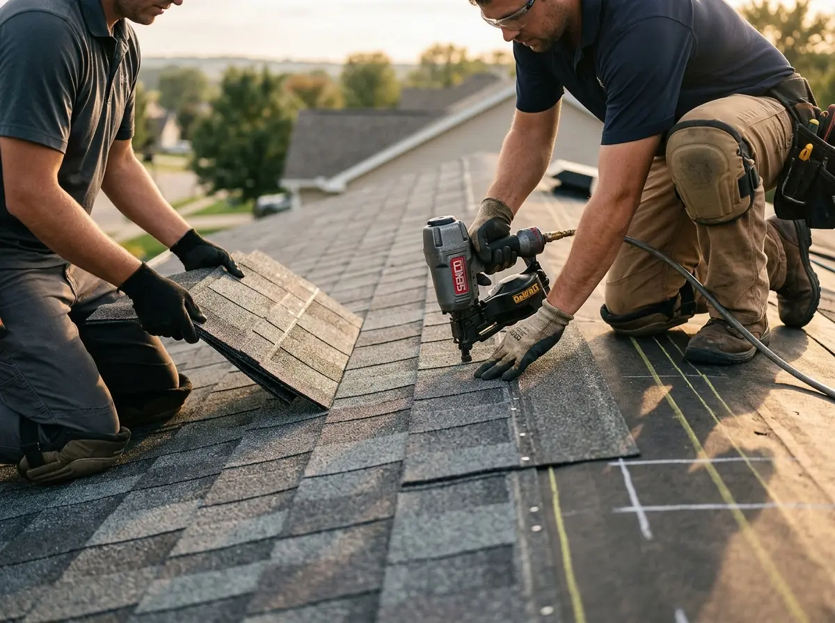 Professional roofer working on a residential roof in Locust